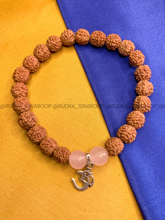 5 mukhi Rudraksha with Rose Quartz and OM in silver pendent