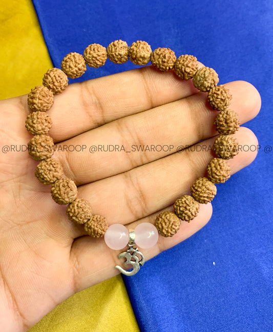 5 mukhi Rudraksha with Rose Quartz and OM in silver pendent